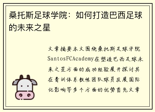 桑托斯足球学院：如何打造巴西足球的未来之星